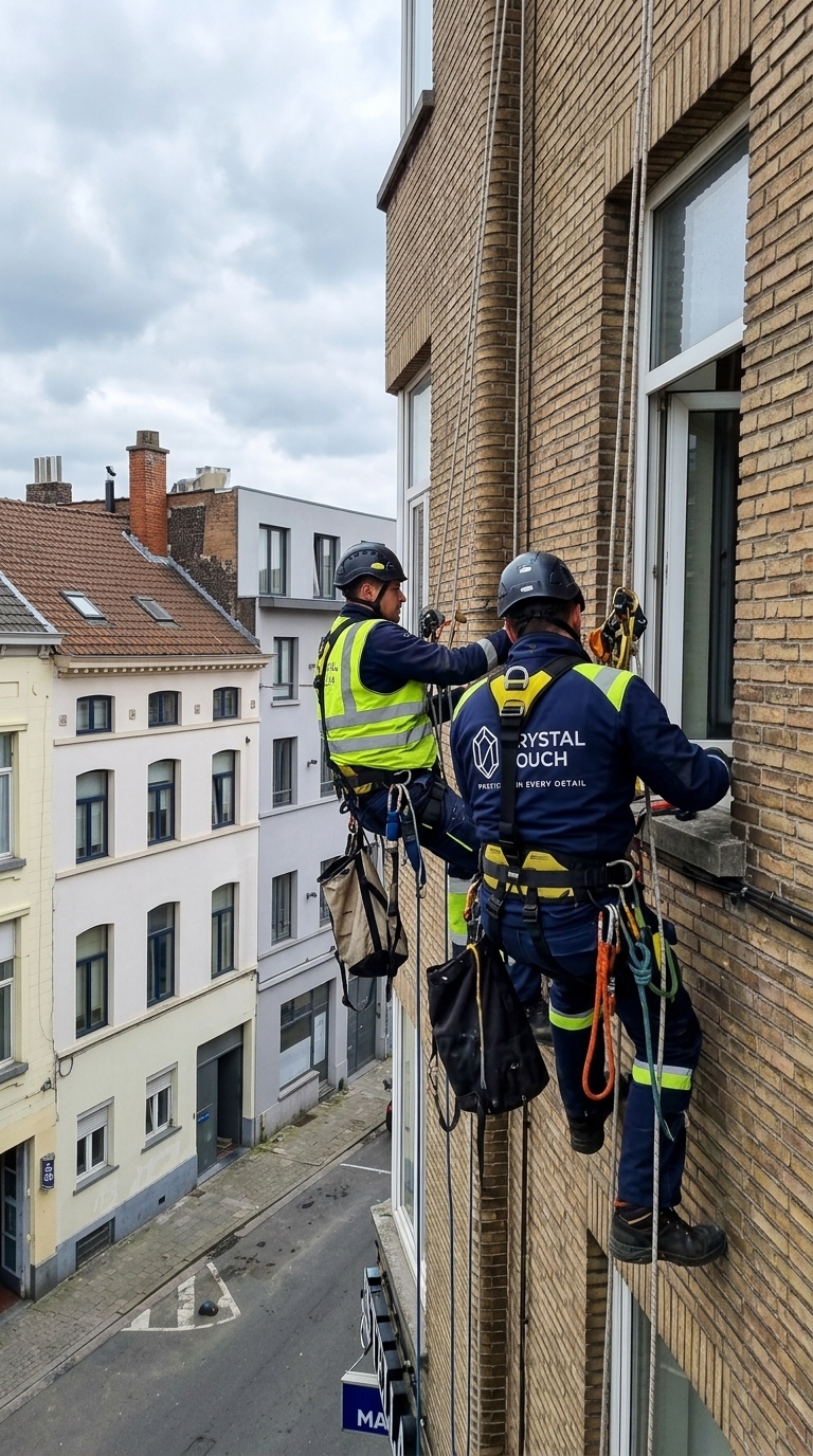 Técnicos de alpinismo industrial Crystal Touch em fachada de edifício na Europa